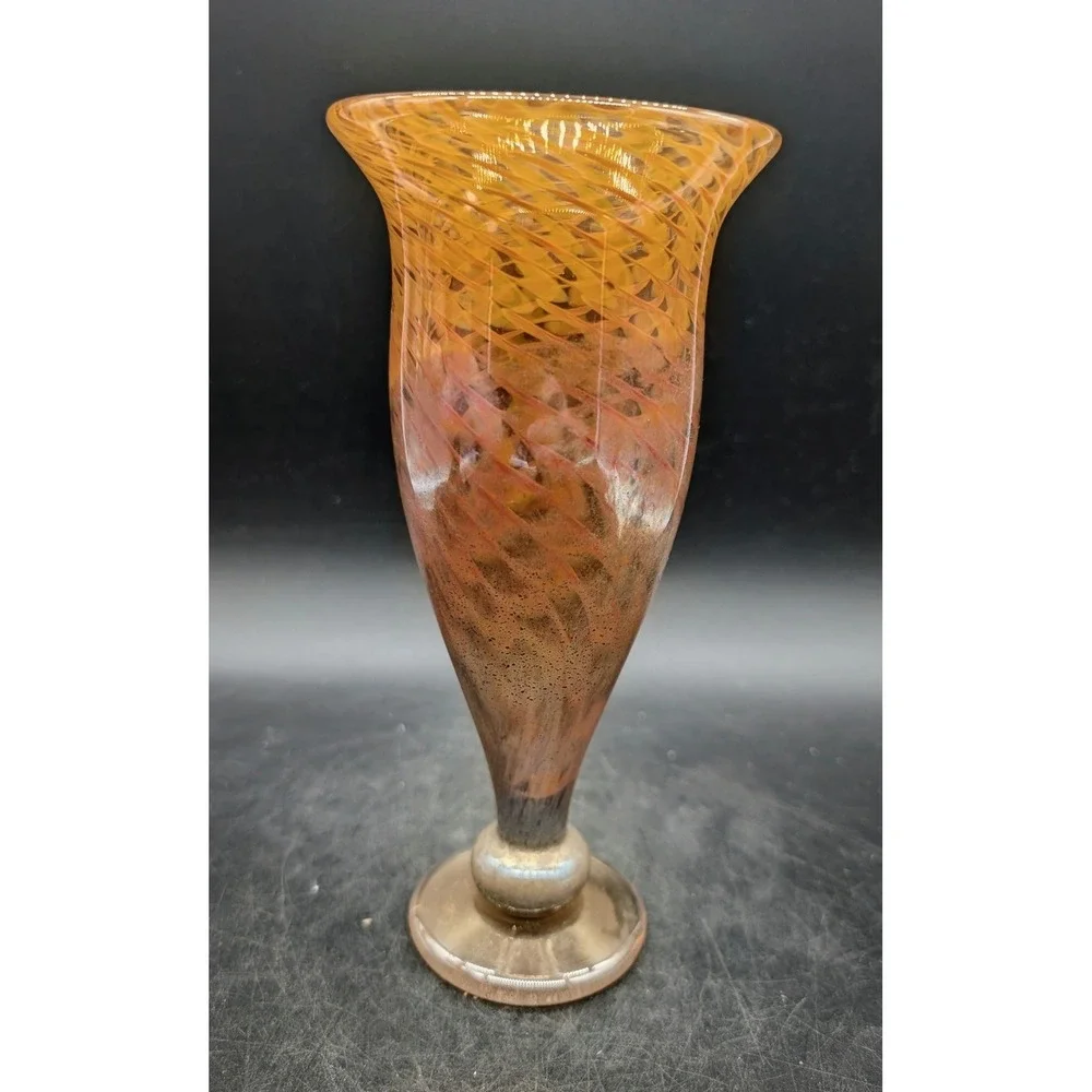 Artisan Hand Blown Amber Orange Swirl Art Glass Trumpet Vase Iridescent Signed